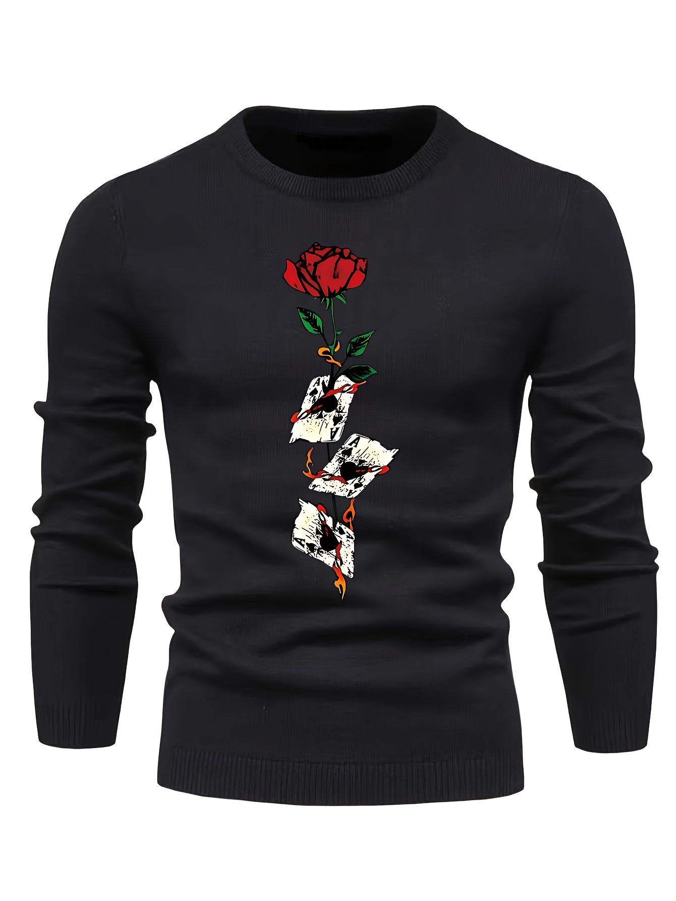 anime poker cards and rose graphic print mens long sleeve sweater casual warm flex crew neck pullover for men for fall and winter details 23