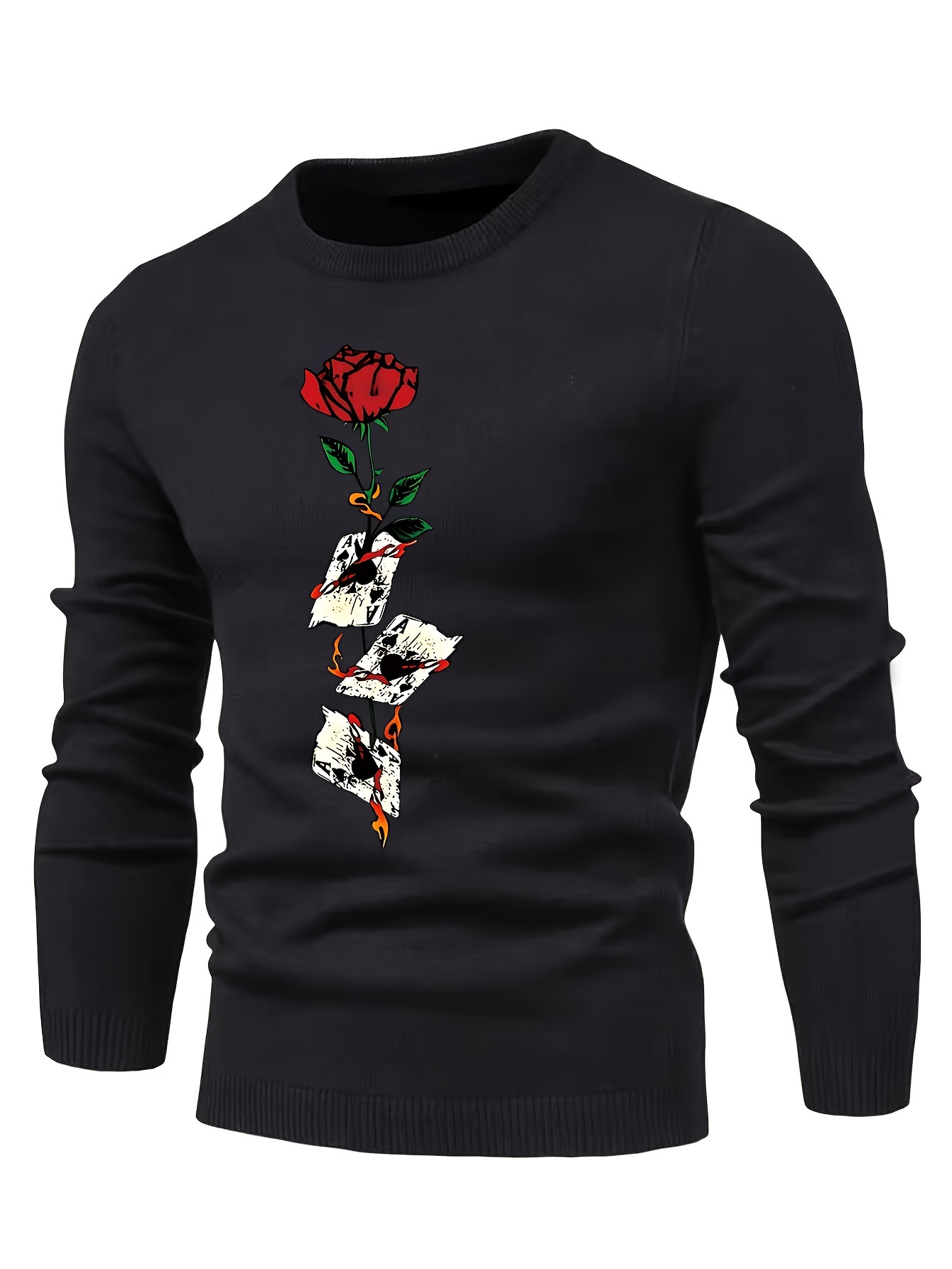 anime poker cards and rose graphic print mens long sleeve sweater casual warm flex crew neck pullover for men for fall and winter details 24